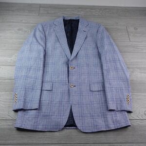 Allen Edmonds Windowpane Linen Blend Blue Plaid Sport Coat Blazer Lined Mens 42L